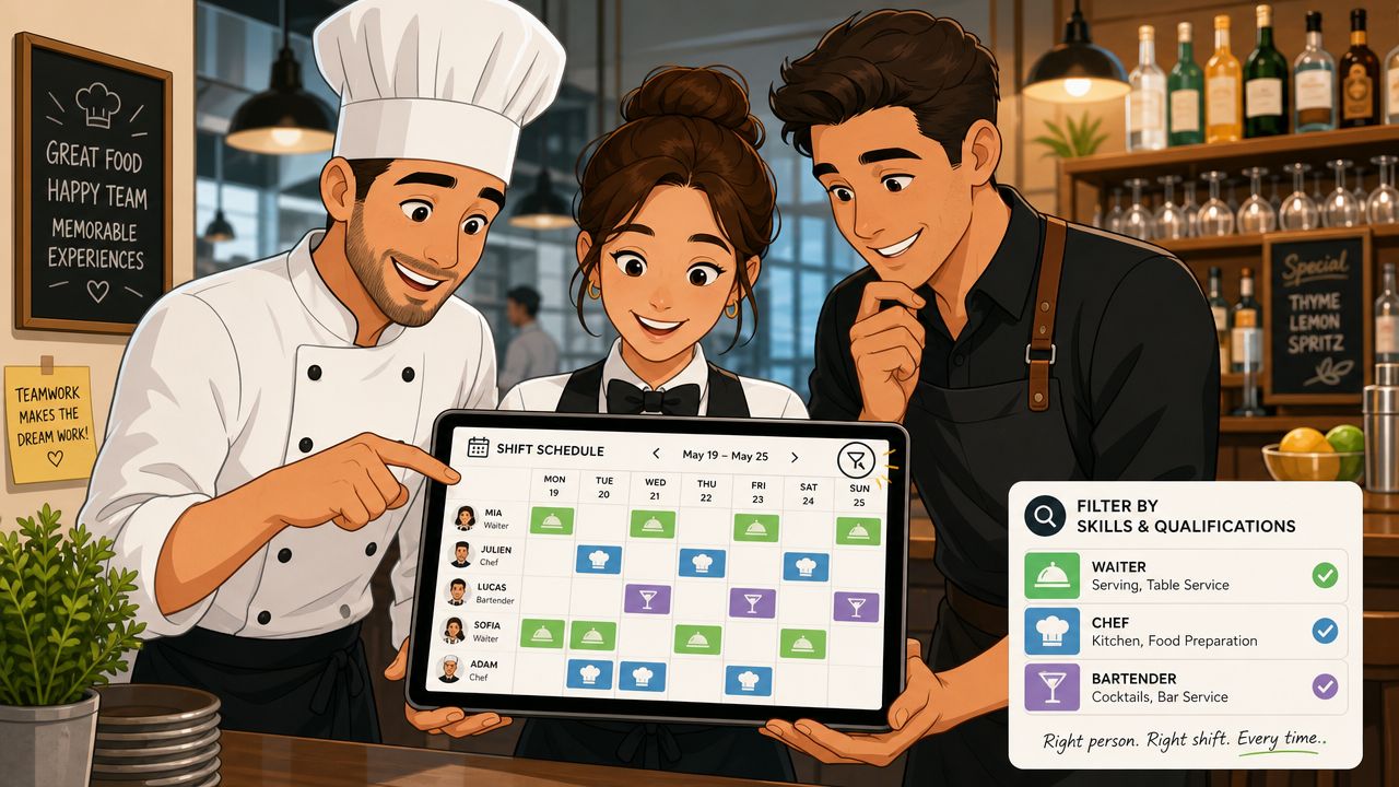 Drei fröhliche Gastronomie-Mitarbeiter betrachten gemeinsam einen digitalen Schichtplan auf einem Tablet in einem modernen Restaurant.