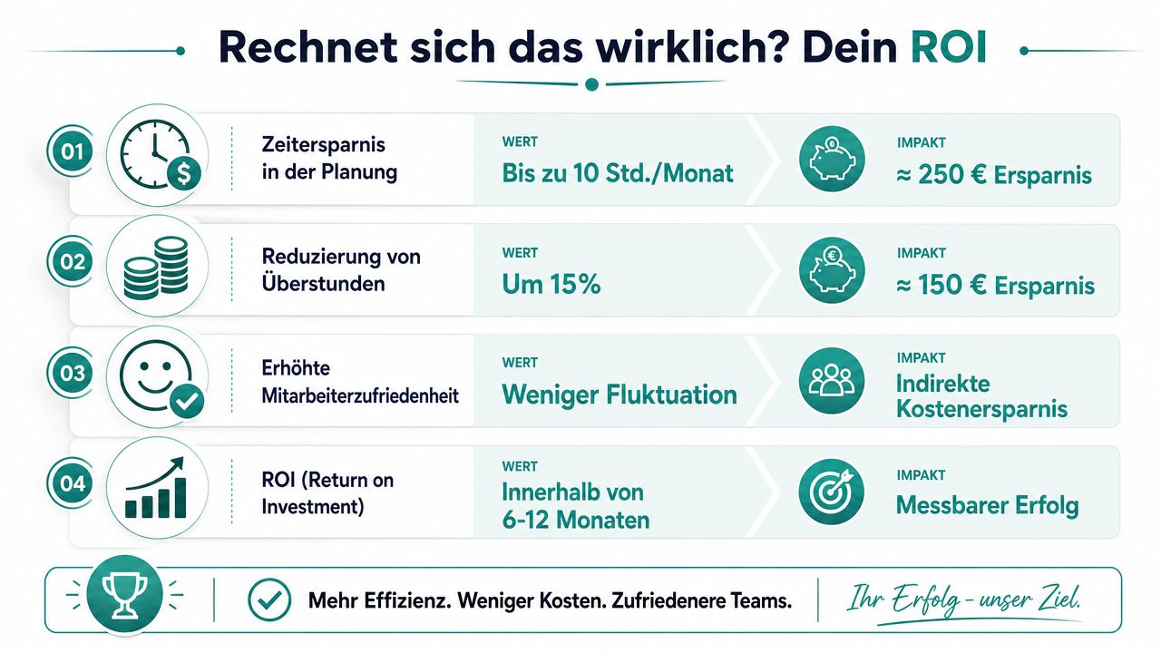 Eine Infografik zur Berechnung des ROI bei der Implementierung von Arbeitsplan-Software in der Gastronomie.