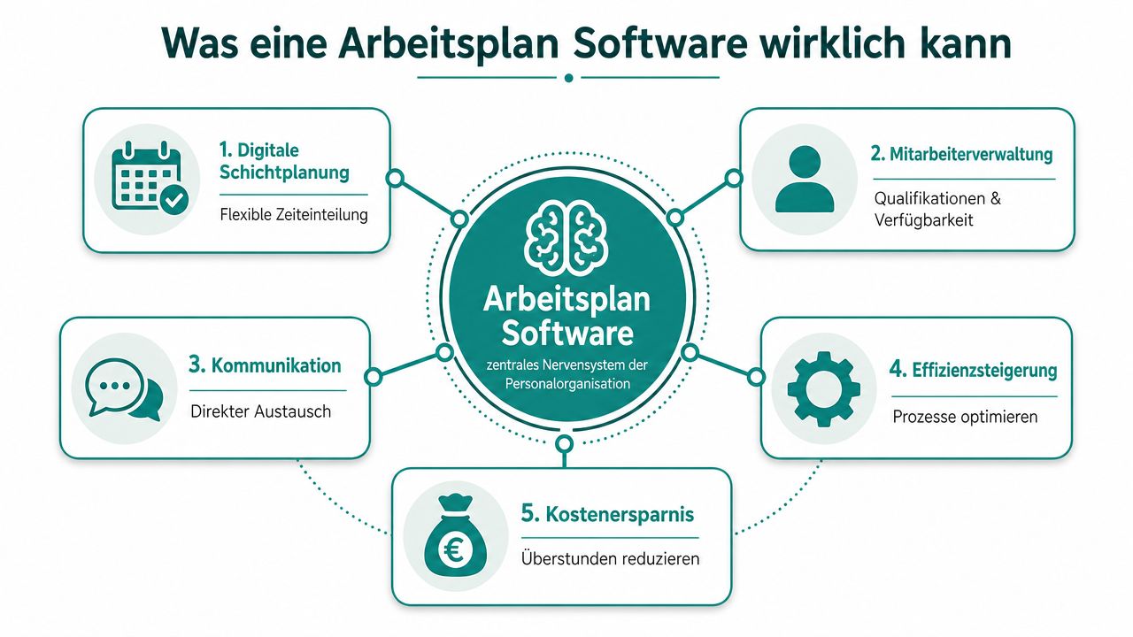Grafik zur Darstellung der Vorteile einer Arbeitsplan-Software für die effiziente Personalorganisation und betriebliche Optimierung.