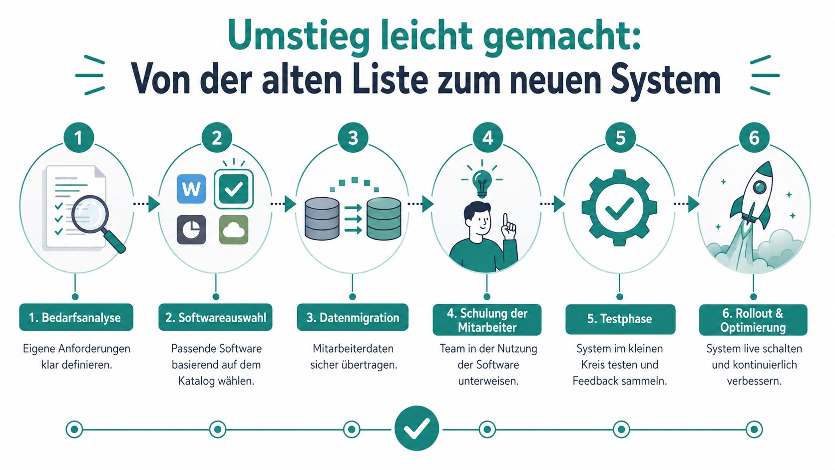 Sechsschrittige Infografik zur Systemumstellung von manuellen Listen hin zu einer professionellen Softwarelösung für Unternehmen.