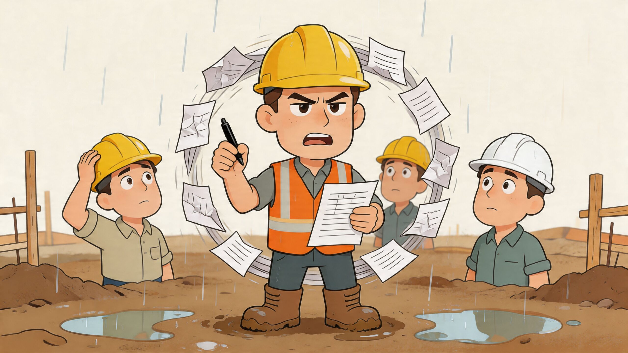 Ein aufgebrachter Bauleiter mit Bauplan und wirbelnden Dokumenten auf einer schlammigen Baustelle bei schlechtem Wetter.