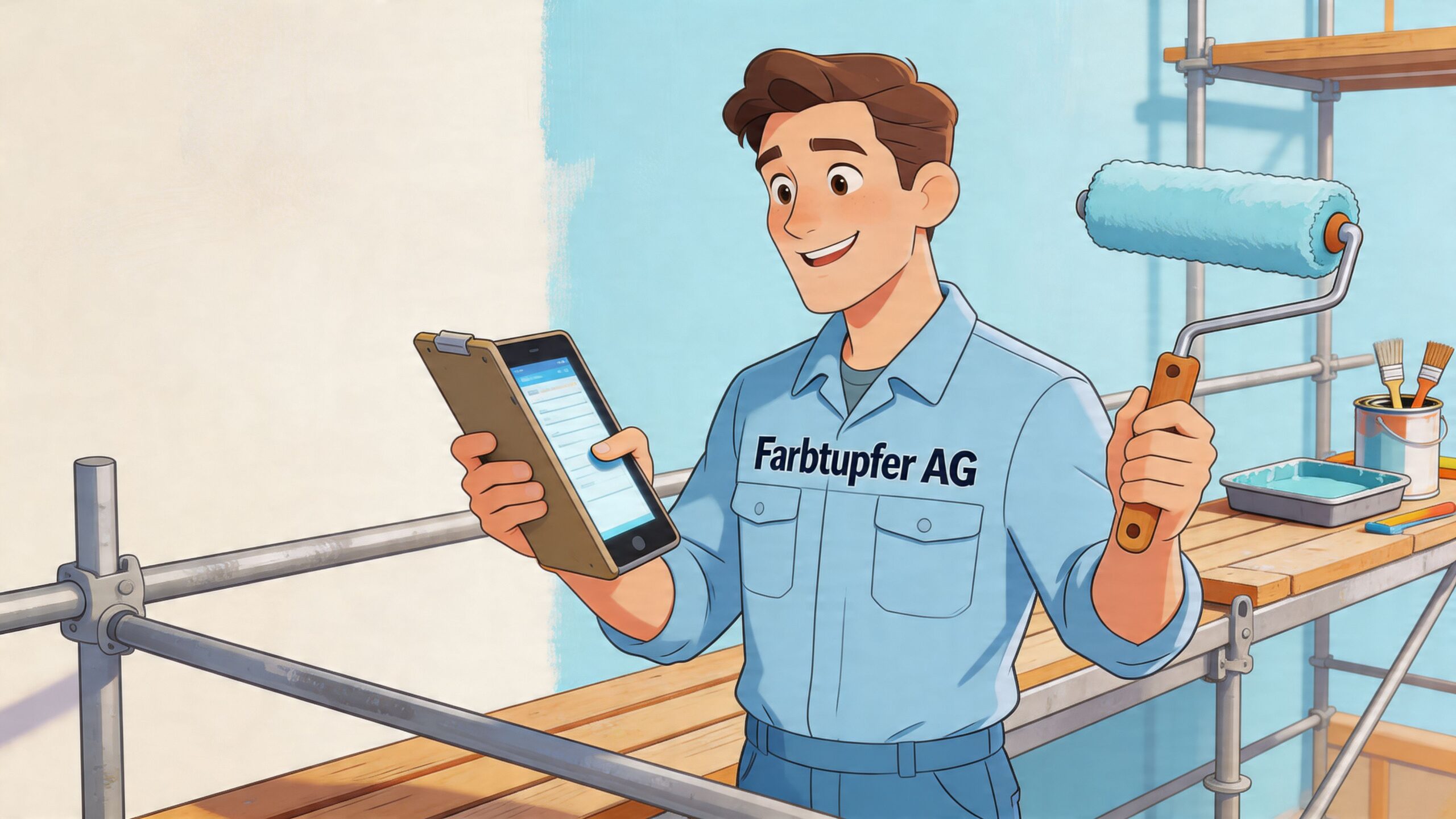 Ein Maler mit dem Firmenlogo Farbtupfer AG nutzt eine Zeiterfassungs-App auf seinem Smartphone während der Arbeit.