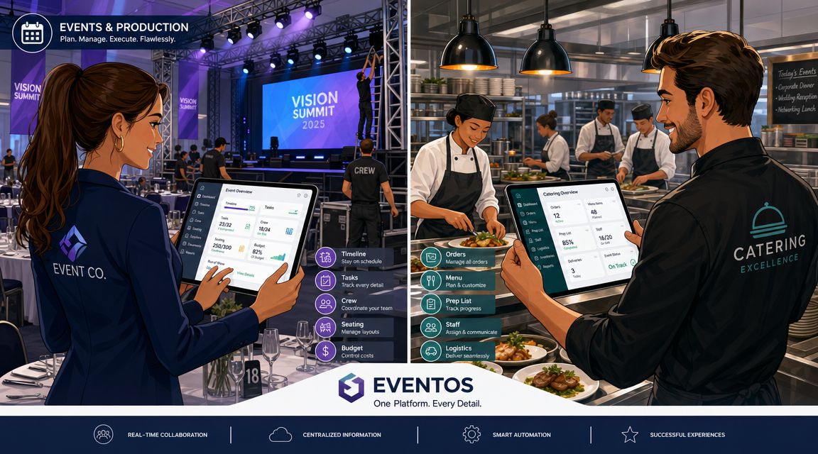 Een gestreste eventplanner beheert met meerdere telefoons tegelijk de logistieke uitdagingen van een complex bedrijfsfeest.
