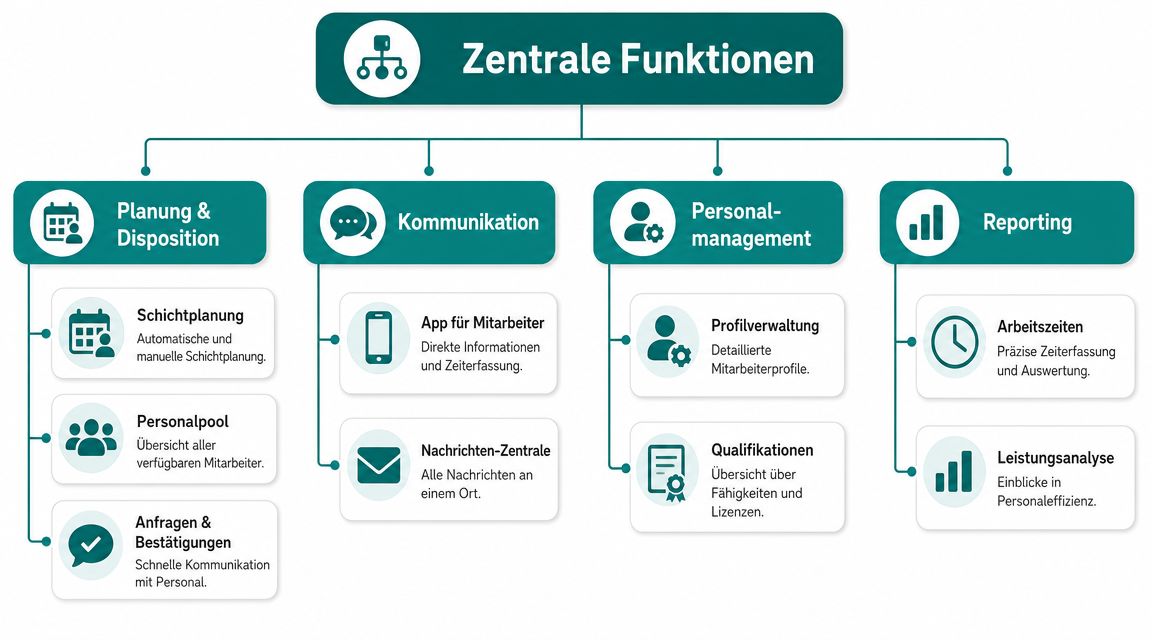 Een overzichtsgrafiek met de centrale functies van een catering-personeelsplanningssoftware, verdeeld in planning, communicatie, personeelsbeheer en rapportage.