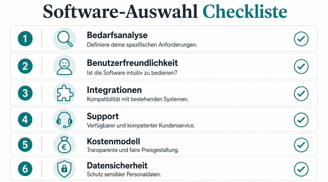 Een checklist voor softwarekeuze met zes belangrijke criteria voor bedrijven, weergegeven als overzichtelijke infographic.