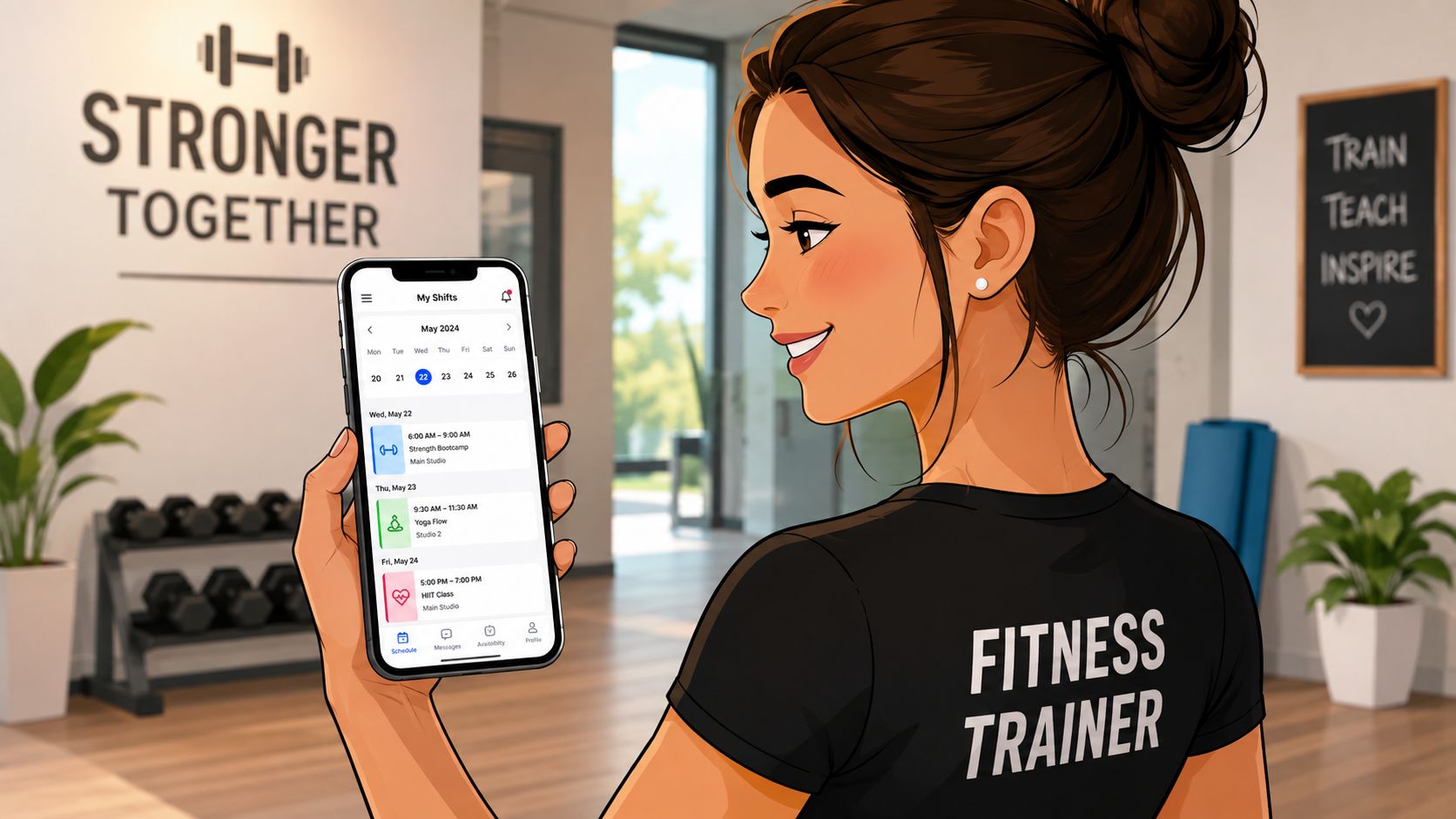Eine Fitness-Trainerin betrachtet den digitalen Dienstplan ihres Fitnessstudios auf einem Smartphone in einer modern ausgestatteten Trainingshalle.