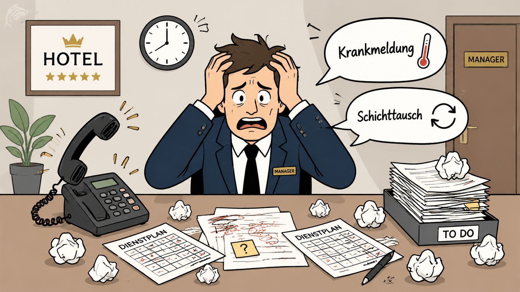Ein gestresster Hotelmanager sitzt an einem Schreibtisch mit Dienstplänen, Telefon und unerledigten Aufgaben im Büro.