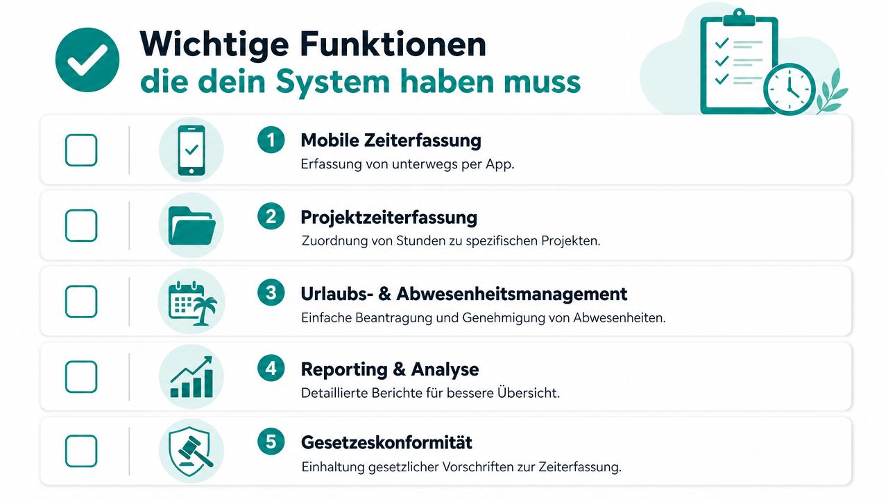 Eine Infografik über fünf wichtige Funktionen für ein effizientes System zur digitalen Stundenerfassung von Mitarbeitern.