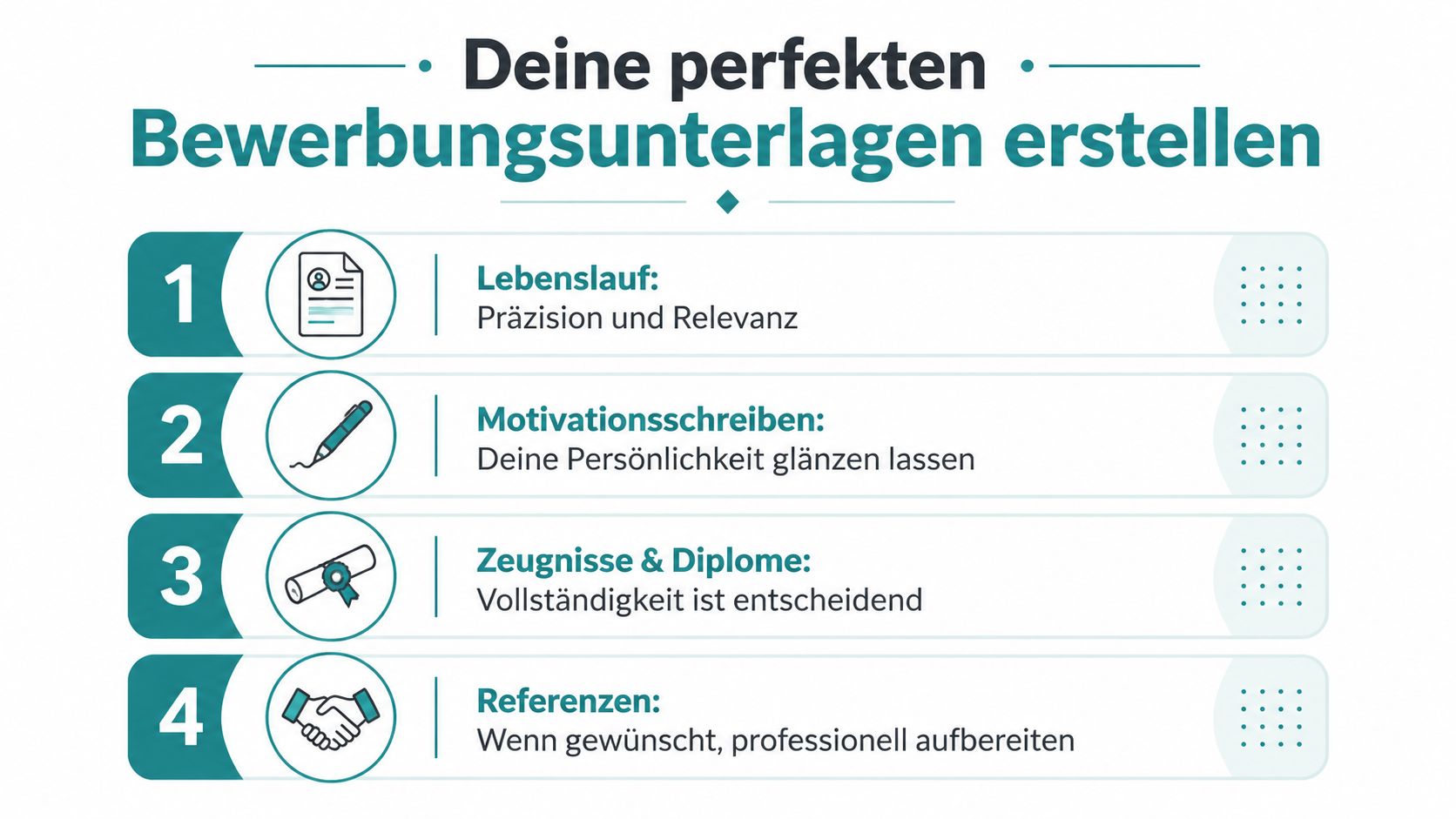 Eine Infografik, die zeigt, wie man perfekte Bewerbungsunterlagen mit vier wichtigen Schritten für die Jobsuche erstellt.