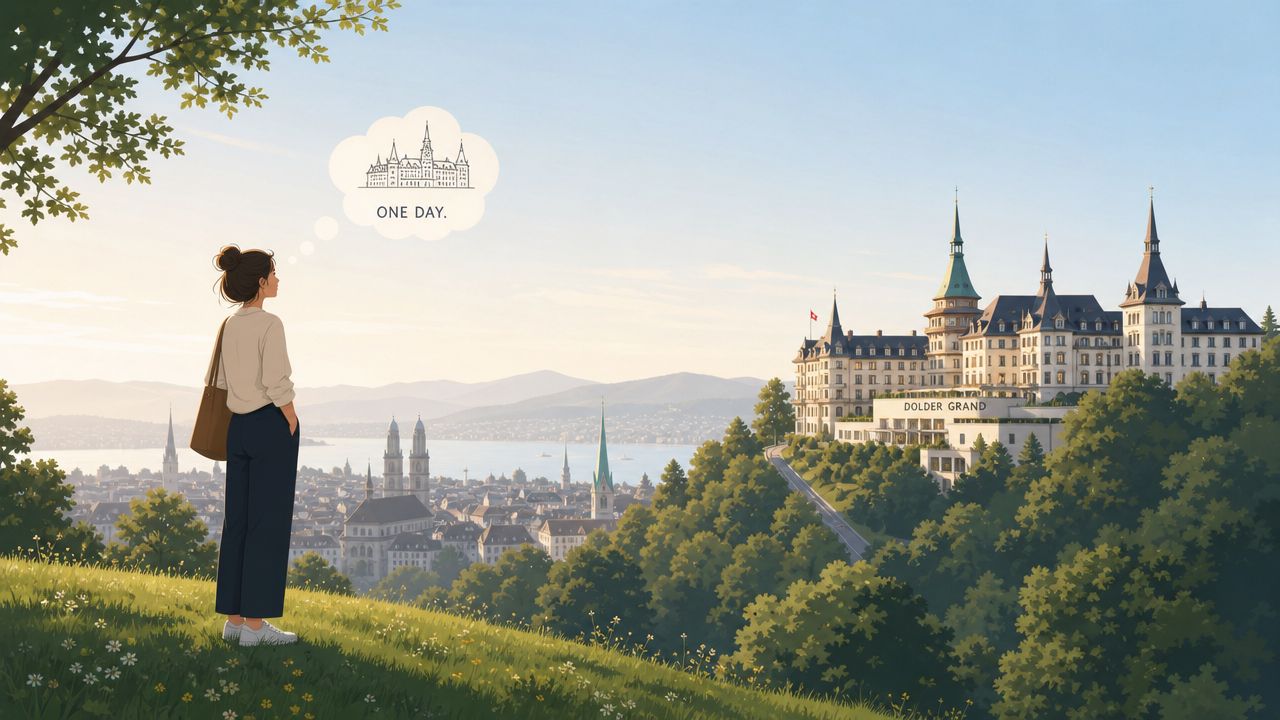 Eine junge Frau blickt von einem grünen Hügel auf das luxuriöse Hotel Dolder Grand in Zürich.