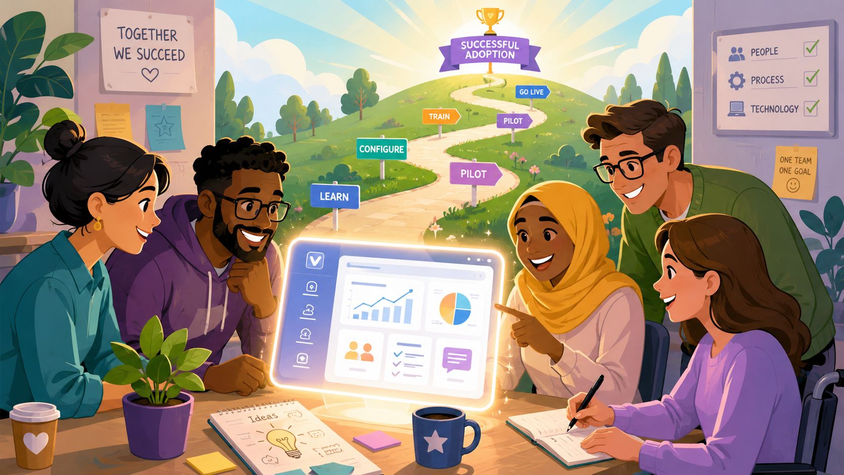Ein diverses Team arbeitet gemeinsam an einer Softwareeinführung und plant die erfolgreiche Einführung neuer Technologien.