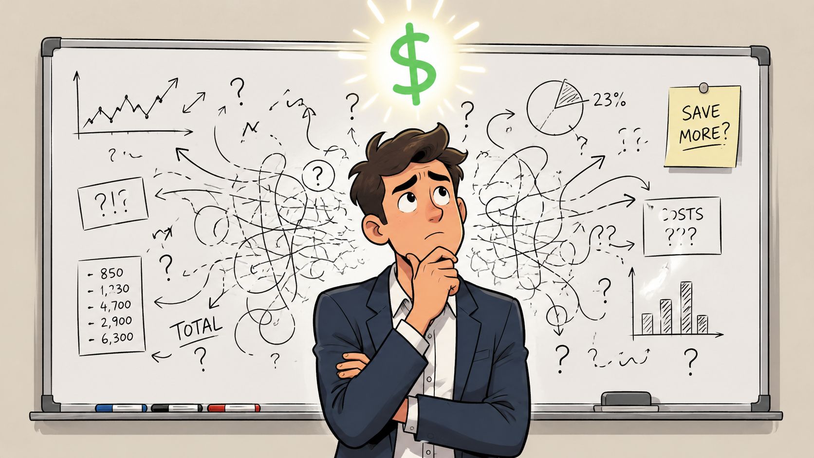 Ein Geschäftsmann steht nachdenklich vor einer Whiteboard-Tafel voller komplizierter Finanzdiagramme und wirtschaftlicher Kalkulationen.