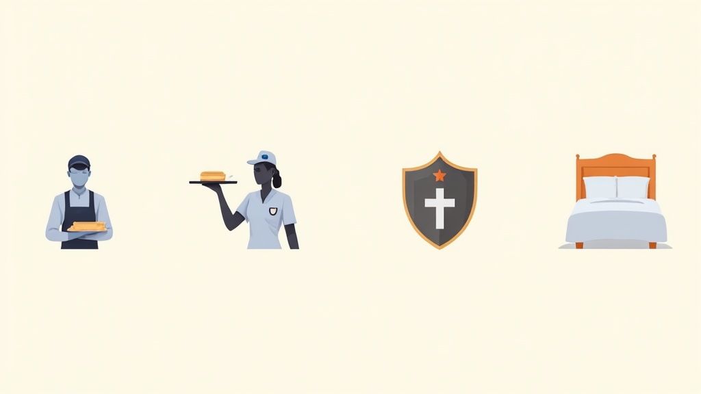 Illustration zeigt Hospitality-Mitarbeiter: Koch, Kellnerin, Schutzschild mit Kreuz und Hotelbett