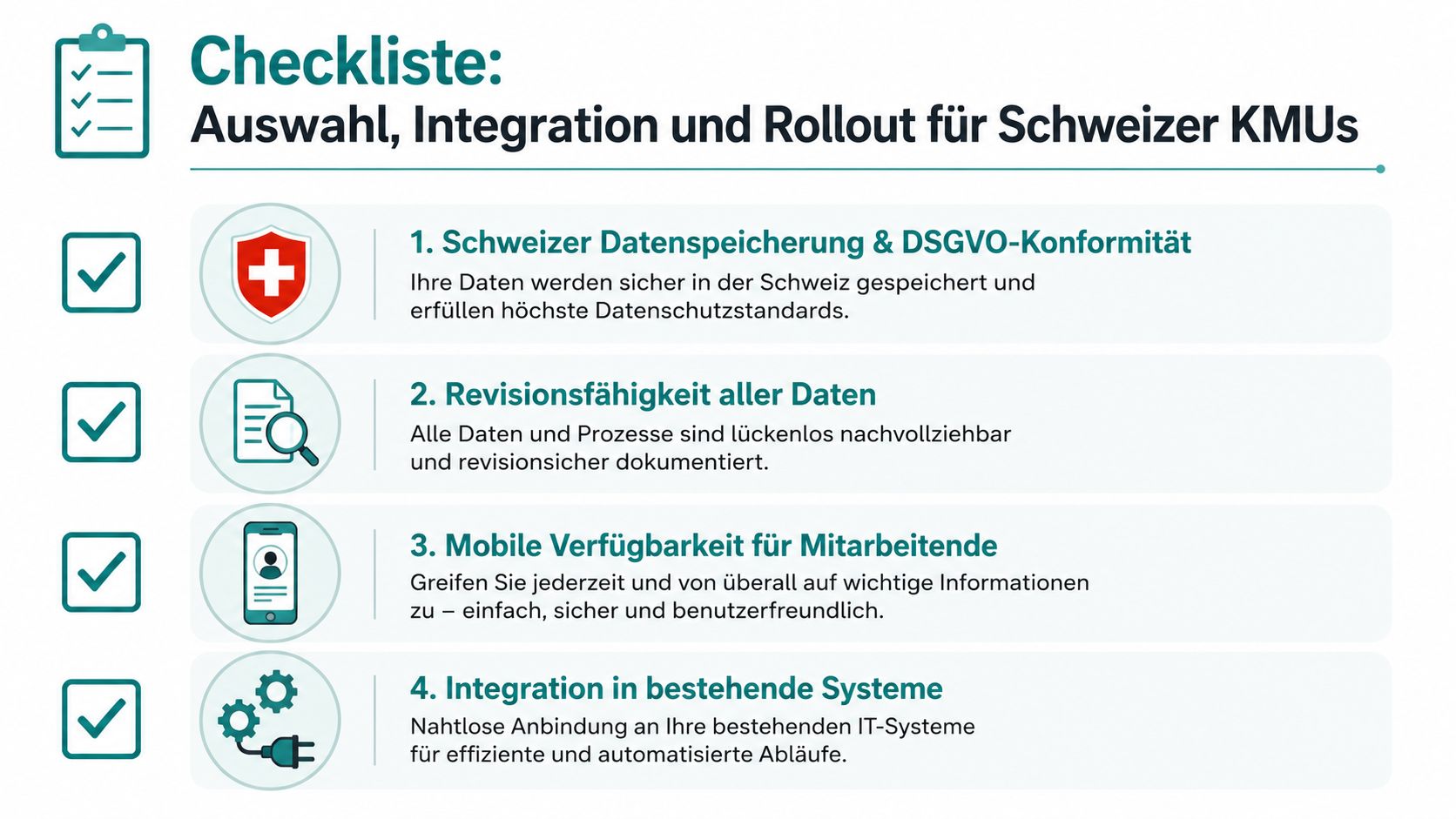 Eine Checkliste für Schweizer KMUs zur Auswahl, Integration und dem Rollout von Softwarelösungen mit vier Kernkriterien.
