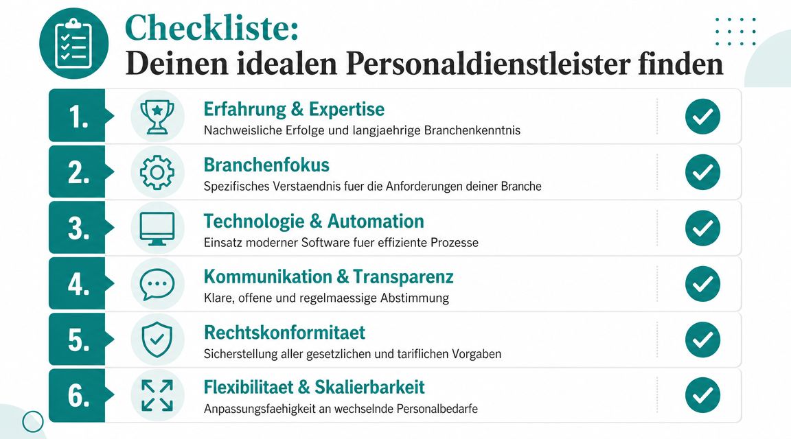Eine Checkliste in deutscher Sprache zur Auswahl des idealen Personaldienstleisters mit sechs wichtigen Kriterien für Unternehmen.