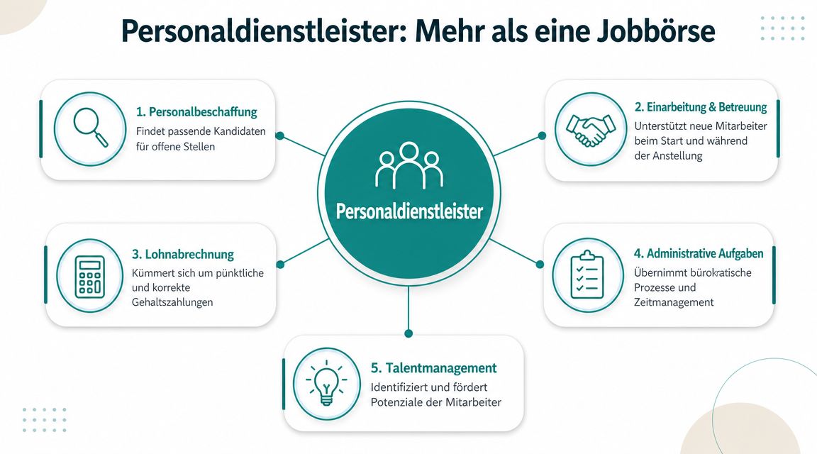 Grafik über die vielfältigen Aufgabenbereiche eines Personaldienstleisters, von der Personalbeschaffung bis hin zum Talentmanagement.