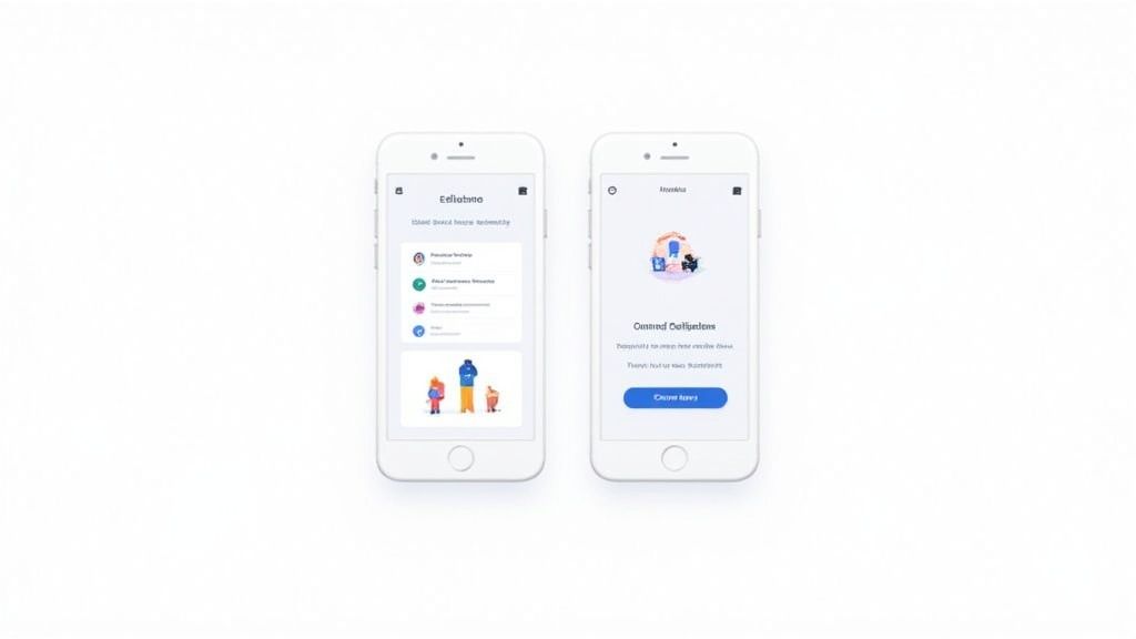 Zwei weiße Smartphones zeigen App-Bildschirme mit Finanzübersichten und personalisierten Verpflichtungen.