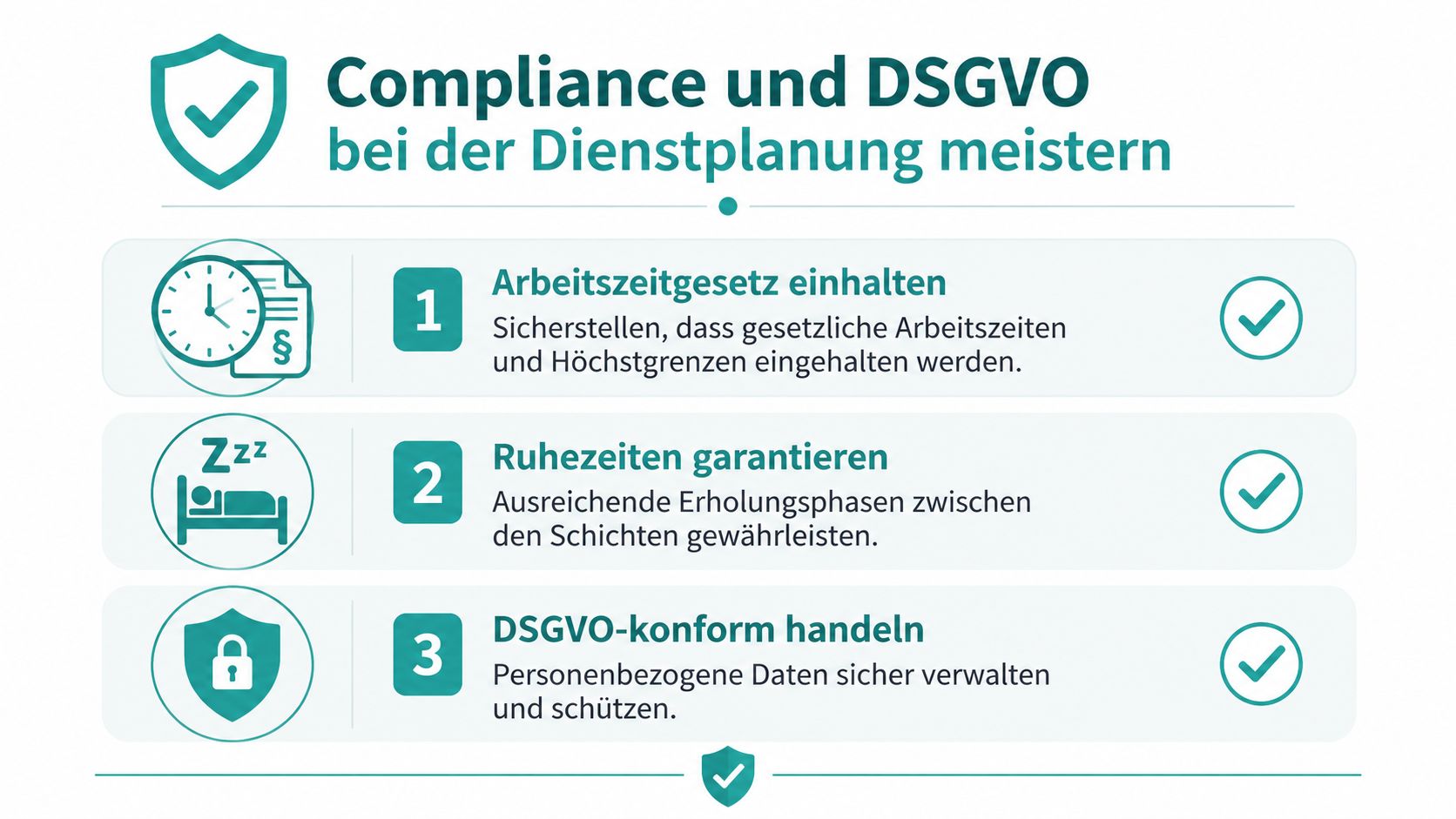 Eine Infografik mit drei Tipps zur Einhaltung von Arbeitszeitgesetz und DSGVO bei der betrieblichen Dienstplanung.