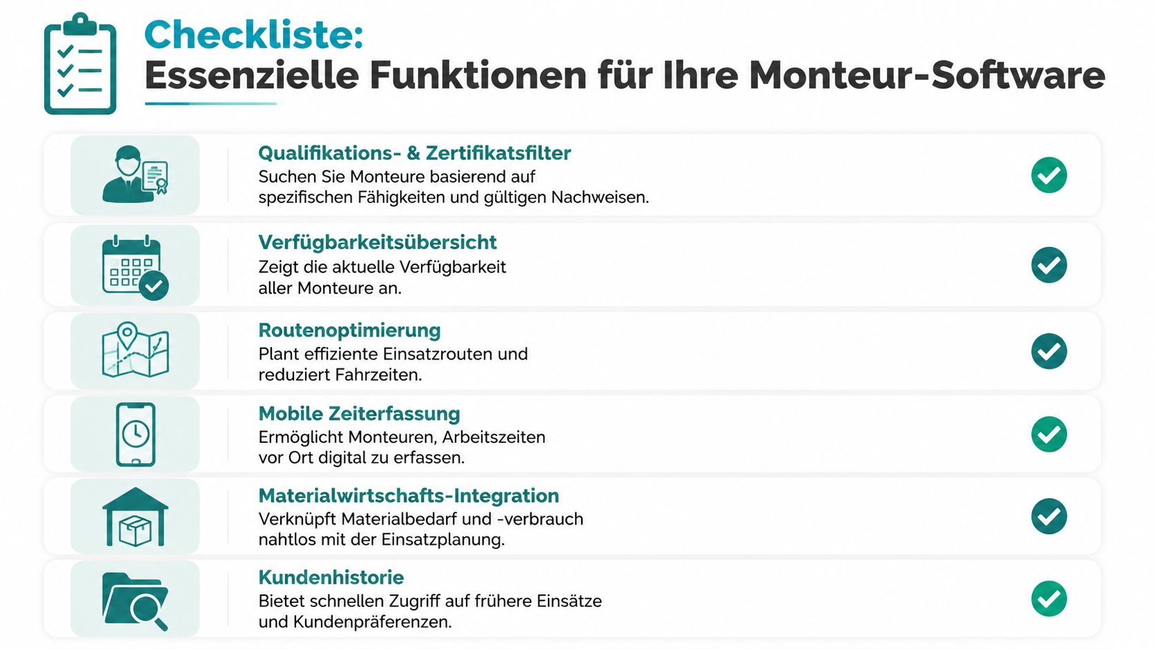 Eine Checkliste für essenzielle Funktionen einer Monteur-Software, dargestellt als Liste mit Symbolen und grünen Haken.