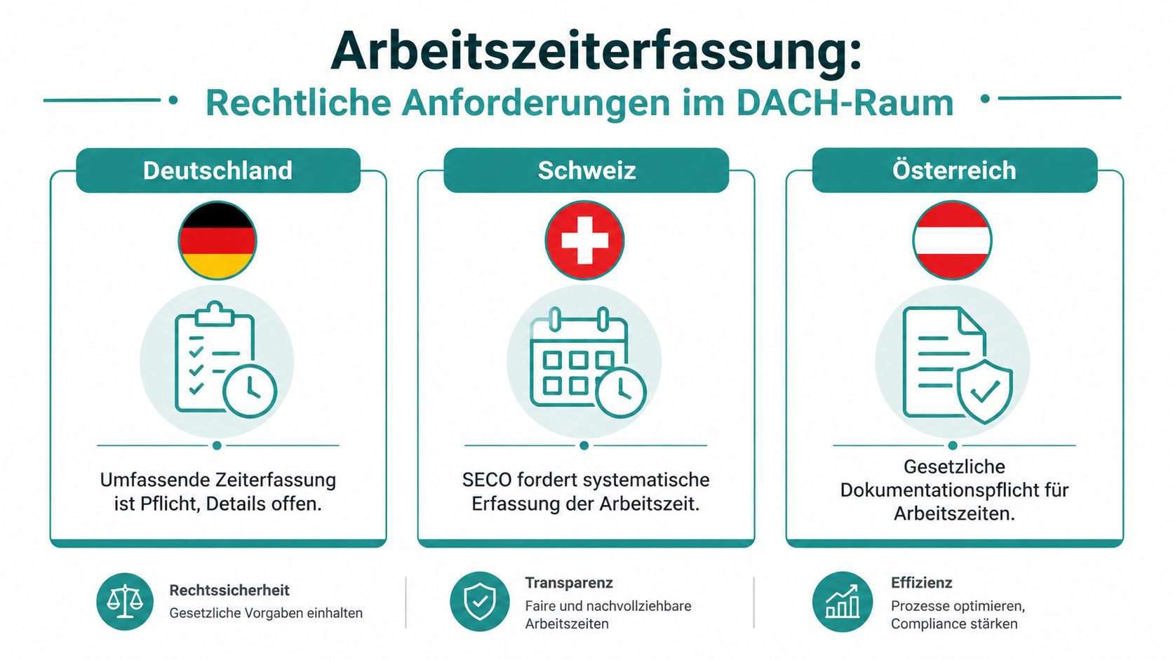 Übersicht zu gesetzlichen Anforderungen an die Arbeitszeiterfassung in Deutschland, Österreich und der Schweiz im DACH-Raum.