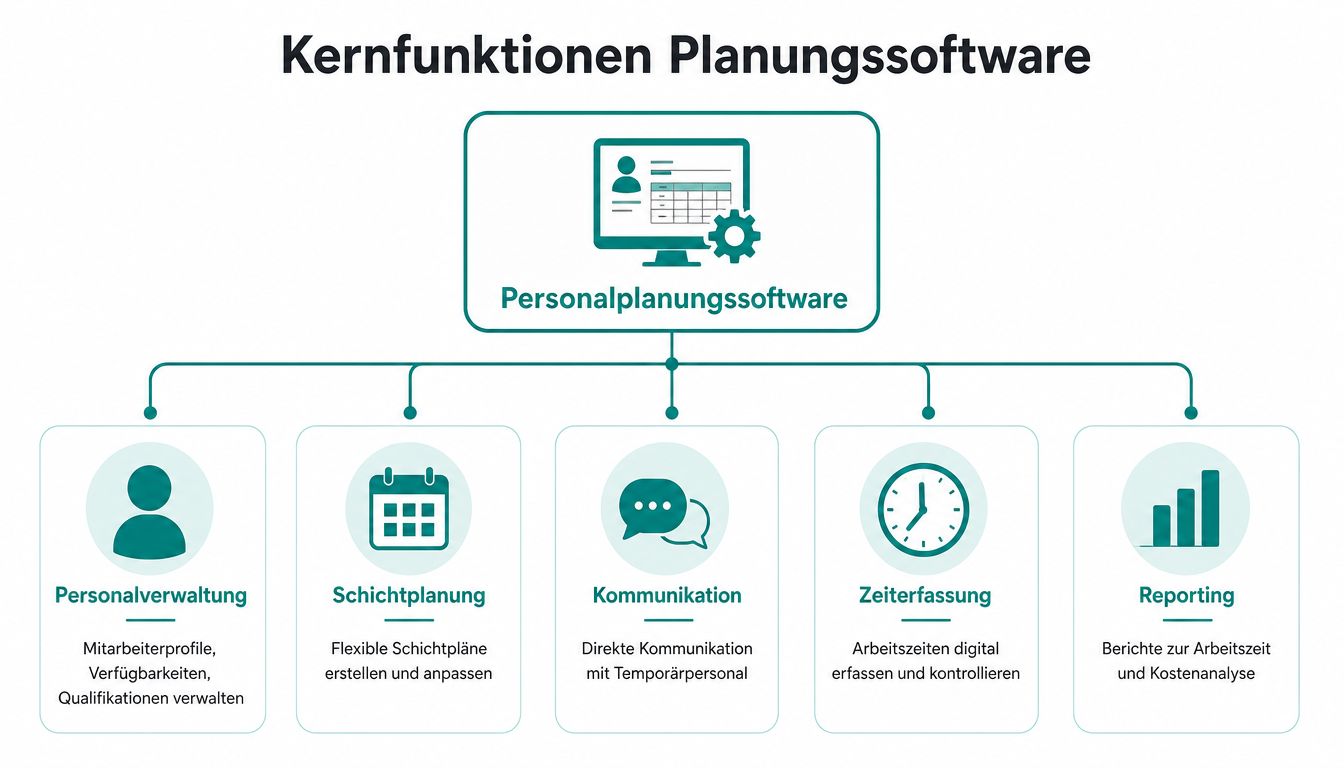 Eine Übersichtsgrafik über die Kernfunktionen einer Software zur Personalplanung für Temporärpersonal mit fünf zentralen Bereichen.