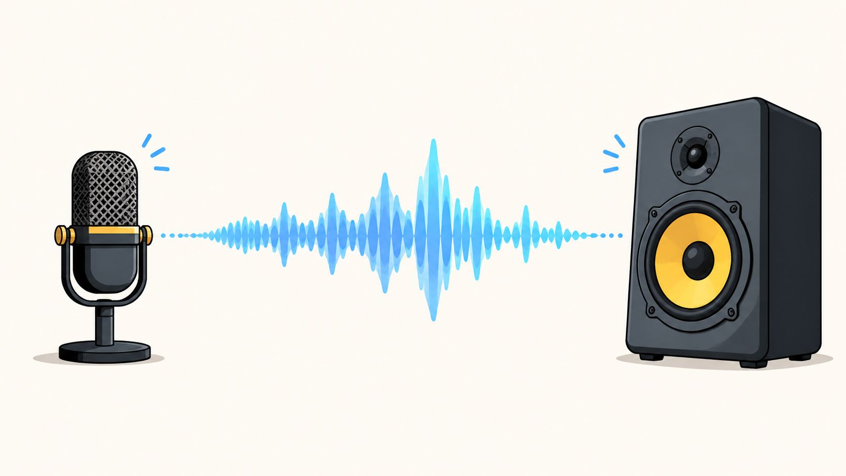 Ein Mikrofon und ein Lautsprecher mit einer visualisierten Schallwelle, die eine Audioübertragung oder Tonaufnahme symbolisiert.