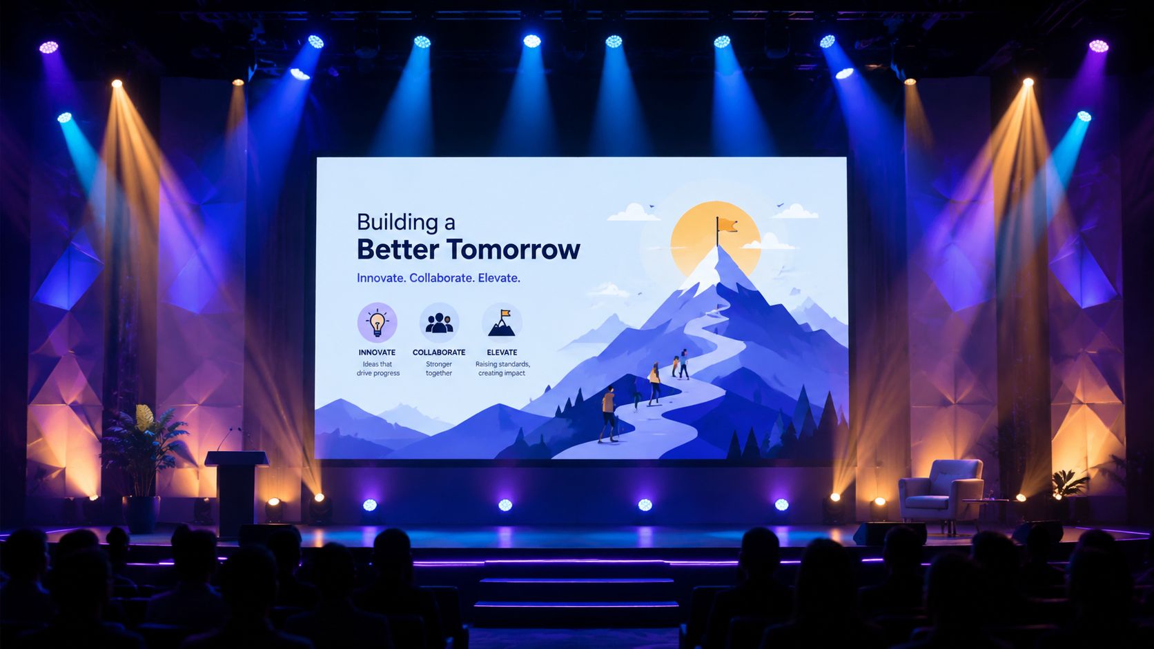 Ein großes Podium auf einer Bühne mit einer Präsentation über Innovation, Zusammenarbeit und Erhöhung von Standards.