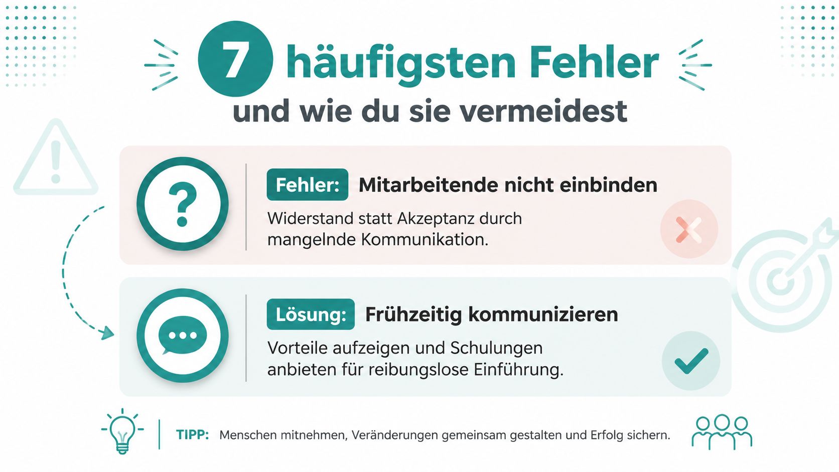 Infografik über den häufigsten Fehler bei der Einführung neuer Systeme: fehlende Einbindung der Mitarbeitenden und dessen Lösung.